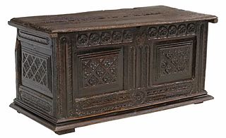 ANTIQUE FRENCH CARVED OAK COFFER OR TRUNK, 18TH C.