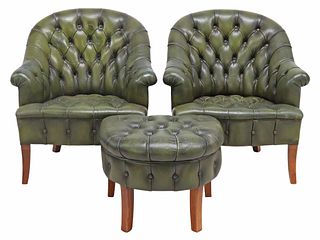 (3) CHESTERFIELD STYLE BUTTON-TUFTED ARMCHAIRS & STOOL
