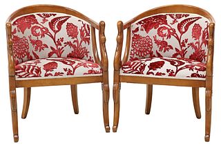 (2) FRENCH EMPIRE STYLE UPHOLSTERED MAHOGANY ARMCHAIRS