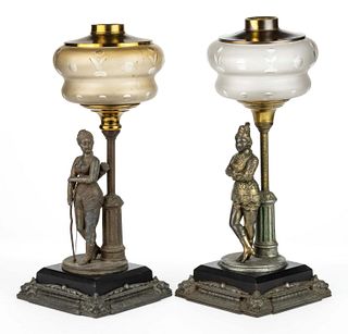 ASSORTED BRADLEY & HUBBARD FIGURAL COUPLE STEM KEROSENE STAND LAMPS, SET OF TWO