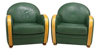 (2) ART DECO STYLE GREEN LEATHER & WOOD CLUB CHAIRS