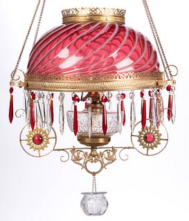 VICTORIAN OPALESCENT SWIRL AND JEWELLED KEROSENE HANGING / LIBRARY LAMP
