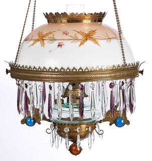 VICTORIAN OPALESCENT SWIRL AND JEWELLED KEROSENE HANGING / LIBRARY LAMP