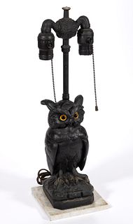 CAST-METAL AND MARBLE FIGURAL OWL ELECTRIC TABLE LAMP