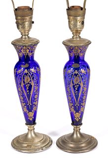 VICTORIAN GILT-DECORATED GLASS PAIR OF ELECTRIC TABLE LAMPS