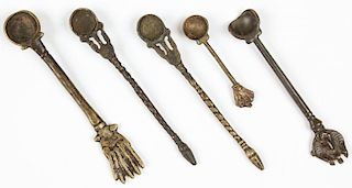 5 Bronze Holy Water Spoons, Nepal Early 19th c.