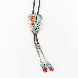 Effie Calavaza Turquoise and Coral Bolo Tie