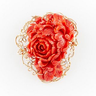 14k Yellow Gold Carved Coral Brooch w/ Diamonds