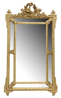 FRENCH LOUIS XVI STYLE GILT PAINTED PARCLOSE MIRROR, 63" X 36"