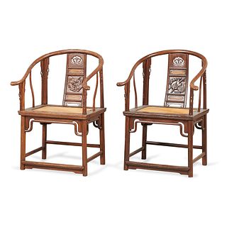 Pair Chinese Elm Horseshoe Back Quanyi Chairs