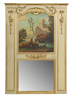 FRENCH LOUIS XVI STYLE GILTWOOD & PAINTED TRUMEAU MIRROR, 71" X 50.5"