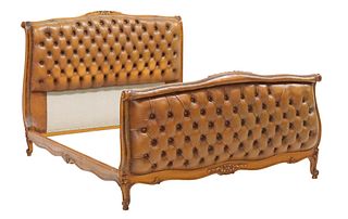 LOUIS XV STYLE WALNUT BUTTON-TUFTED UPHOLSTERED BED