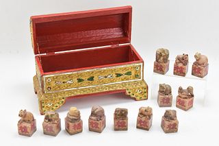 CARVED CHINESE ZODIAC FIGURES IN MOSAIC BOX