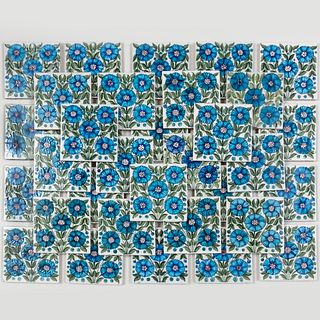 Set of Thirty-Five William De Morgan Tiles with Blue Flower Design