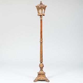 Venetian Baroque Style Giltwood, Stained Glass and Velvet Lantern Floor Lamp