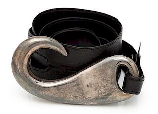 A Sterling Silver and Leather "Fish Hook" Belt, Elsa Peretti for Tiffany & Co., Circa 1977, 60.10 dwts. (including leather)