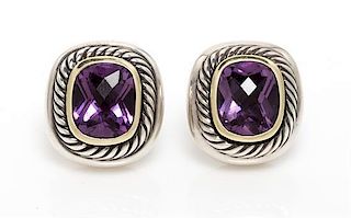 * A Pair of Sterling Silver, 14 Karat Yellow Gold and Amethyst "Albion" Earclips, David Yurman 11.70 dwts.