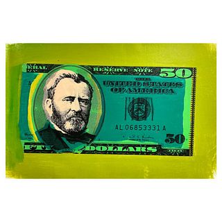 Steve Kaufman (1960-2010), "50 Dollar Bill" Hand Painted Limited Edition Mixed Media on Canvas, AP Numbered 4/50 and Hand Signed Inverso with Letter o