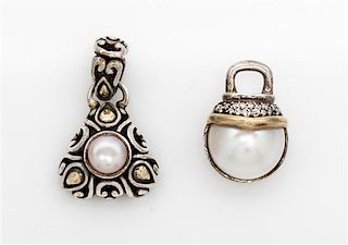 A Collection of Sterling Silver, Yellow Gold, Cultured Pearl and Diamond Pendants, 9.00 dwts.