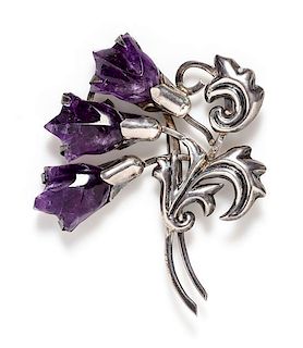 A Silver and Amethyst Tulip Brooch, Mexico, Pre-1948, 30.40 dwts.