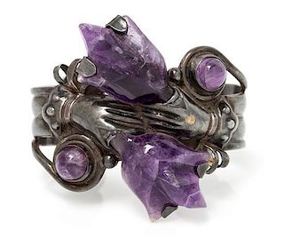 A Silver and Amethyst Hand and Tulip Motif Cuff Bracelet, Mexico, Pre-1948, 57.60 dwts.