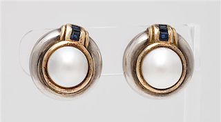 A Pair of Sterling Silver, 18 Karat Yellow Gold, Mabe Pearl and Sapphire Earclips, Tiffany & Co., Circa 1984, 16.10 dwts.