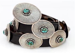 A Sterling Silver, Copper and Turquoise Concho Belt, Randy Shorty, 199.80 dwts (including belt)