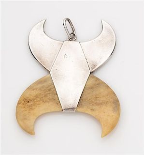 A Modernist Silver and Bone Bull Horn Motif Pendant, 41.00 dwts.