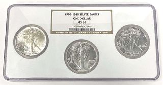 1986-1988 American Silver Eagle NGC MS69 Set (3-coins)