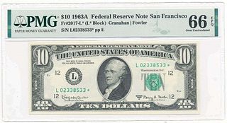 1963A Federal Reserve $10 Note San Francisco Fr#2017-L* PMG Gem Unc66