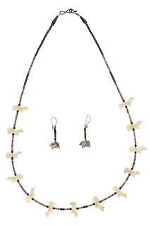 Navajo Mother of Pearl Bear Necklace & Earrings