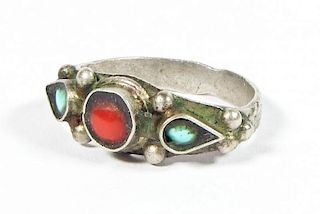 Silver, Turquoise, and Coral Ring, Tibet or Nepal, Early 20th C