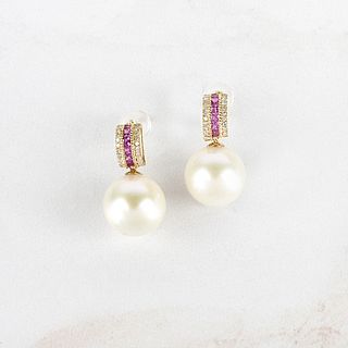 Pearl, Diamond, Sapphire and 18K Earrings