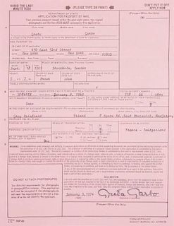 GRETA GARBO SIGNED PASSPORT APPLICATION