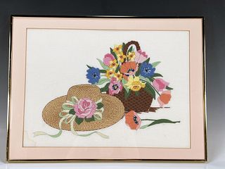 EMBROIDERED BASKET OF FLOWERS W HAT