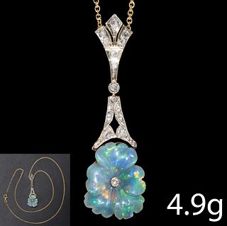 BELLE EPOQUE CARVED OPAL FLOWER  AND DIAMOND PENDANT. 