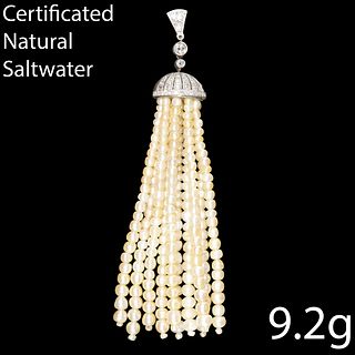 BELLE EPOQUE CERTIFICATED NATURAL SALTWATER PEARL AND DIAMOND TASSLE PENDANT