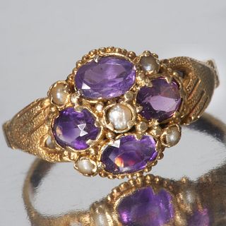 FINE ANTIQUE AMETHYST AND PEARL HAND CLUSTER RING