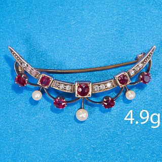FINE ANTIQUE RUBY DIAMOND AND PEARL BROOCH