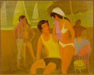 Gustav Likan (Yugoslavian, 1912-1998) 'Beach Scene' Oil on Canvas