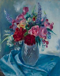 MARTHA WALTER (1875-1976): VASE OF ROSES ON A BLUE TABLECLOTH