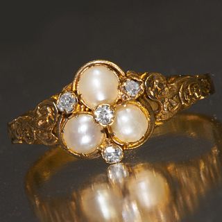 ANTIQUE PEARL AND DIAMOND TREFOIL RING