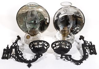 BRADLEY & HUBBARD CAST-METAL KEROSENE BRACKET LAMPS, LOT OF TWO
