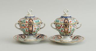 PAIR WORCESTER PORCELAIN JAPAN PATTERN SAUCE TUREENS, COVERS AND STANDS