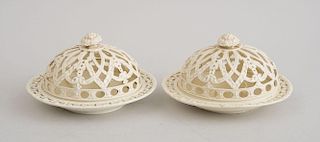 PAIR OF WEDGWOOD CREAMWARE CONDIMENT DISHES AND PIERCED DOME COVERS