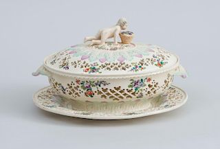 ENGLISH HAND-COLORED CREAMWARE OVAL CHESTNUT BASKET, COVER AND STAND