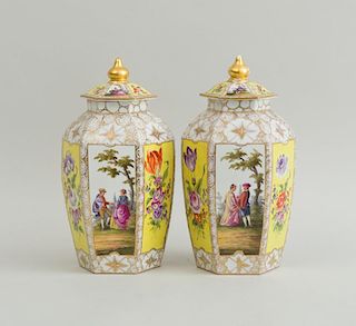 PAIR OF MEISSEN YELLOW-GROUND PORCELAIN HEXAGONAL JARS AND COVERS