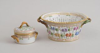 ROYAL COPENHAGEN PORCELAIN TWO-HANDLED RETICULATED BASKET AND A POT AND COVER, IN THE FLORA DANICA PATTERN