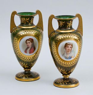 PAIR OF CONTINENTAL GILT-DECORATED GREEN GLASS MANTLE VASES