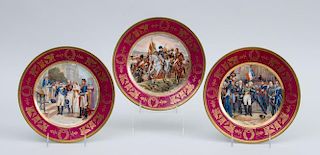 SET OF THREE CONTINENTAL TRANSFER-PRINTED PORCELAIN NAPOLEONIC CABINET PLATES